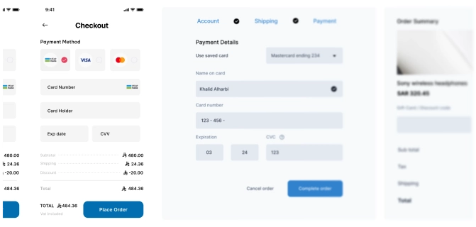 Screens showing online checkout and payment forms with card options, billing details, and order summary including total in Saudi Riyals.