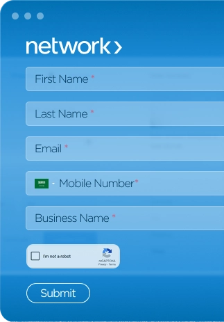Network online form with fields for first name, last name, email, Saudi mobile number, and business name, plus a CAPTCHA and submit button.